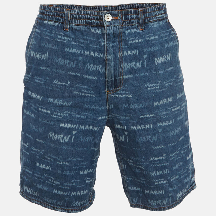 Marni Blue Logo Print Denim Drawstring Shorts M