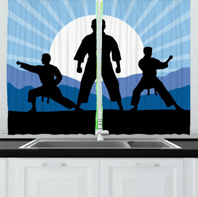 2 Piece Kung Fu Karate Men Silhouettes Kitchen Curtain Set
