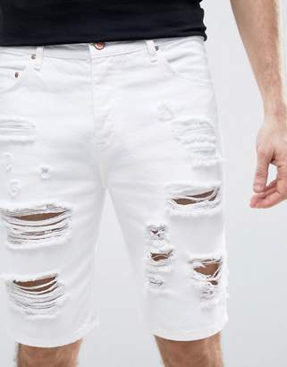 ASOS Denim Shorts In Slim Fit With Heavy Rips In White