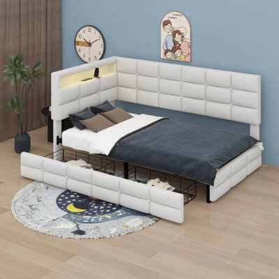 Upholstered Twin Size Daybed With Storage 2 Drawers And LED Lights