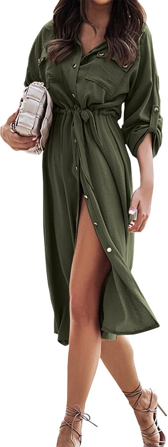 Casual Army Green Midi Dress Midi Olive Green Dress