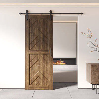 Homacer Dark Walnut Finished & Unassembled 4-IN-1 Fishbone Design Barn Door with Non-Bypass Installation Hardware Kit, 7.5ft track, interior use only