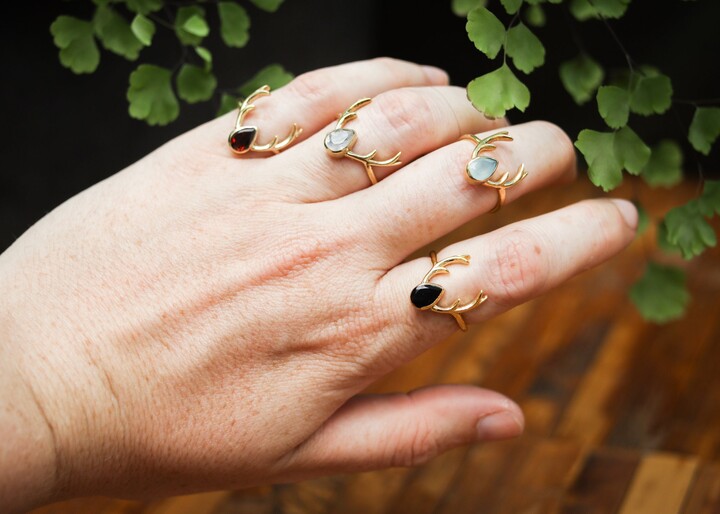 Deer Antler Ring | Brass Stag With Teardrop Gemstone Rainbow Moonstone Onyx Chalcedony Boho Fairycore Elven Whimsical Animal Horn Gem