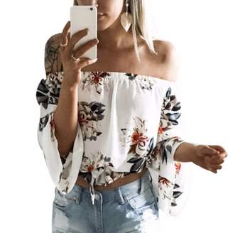 Ai.Moichien Women Cotton Long Sleeve Off Shoulder Blouse Loose Flower Print Shirts Tees Tops