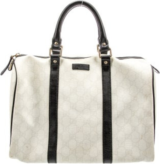 Gucci Top Handle Bag White GG Supreme Gold-Tone Hardware Leather Trim Rolled Handles Leather Trim Embellishment Canvas Lining & Single Interior Pocket Zip Closure at Top