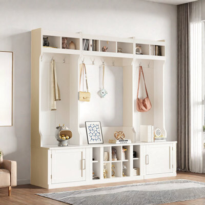 4-in-1 Multi-functional Hall Tree With Coat Rack, Bench, Shoe Cubbies And Open Compartments