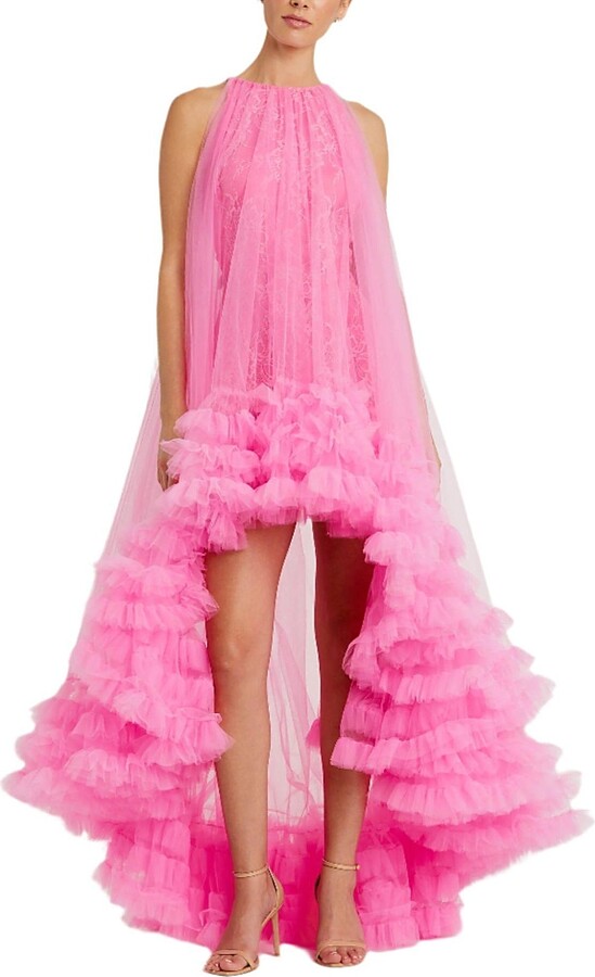Mac Duggal Tulle High Neck Sleeveless Ruffled Hem Hi-Lo Gown