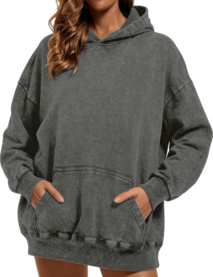 KAJXZ Women Men Sweatshirts Unisex Acid Wash Oversized Hoodie Vintage Solid Color Long Sleeve Hooded Sweatshirt Pullovers Grey