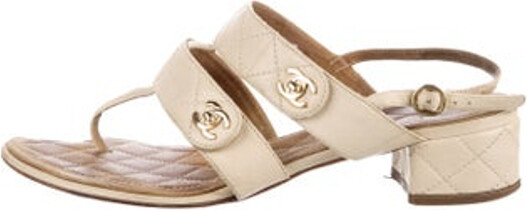 Chanel Leather Slingback Sandals Neutrals Interlocking CC Logo & Quilted Pattern Multistrap & Buckle Closure at Ankles Designer