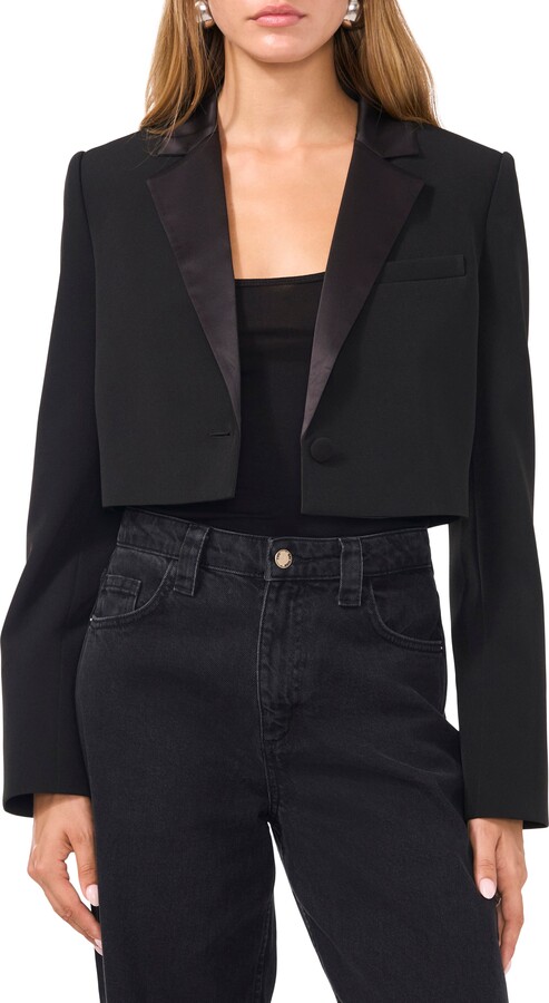 1 STATE Satin Lapel Crop Tuxedo Blazer