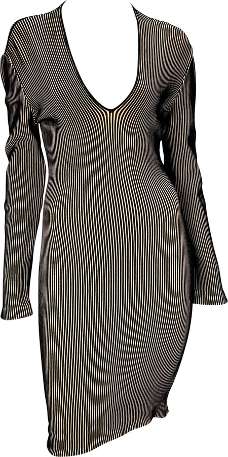 Thierry Mugler 1990s Beige Black Ribbed Knit Stretch Bodycon Dress