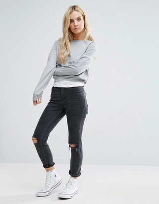 ASOS Petite PETITE Farleigh High Waist Slim Mom Jeans In Washed Black with Busted Knees
