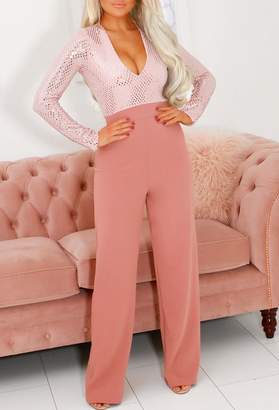 Pink Boutique Party Time Pink Sequin Long Sleeve Wide Leg Jumpsuit