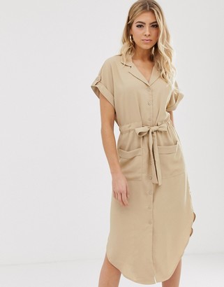 Parallel Lines soft utility shirt dress with tie waist in beige