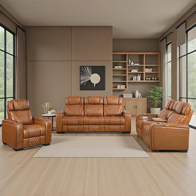 Hokku Designs Keller 3-Piece Modern & Contemporary Power Reclining Living Room Set - Leather Power Reclining Chair Loveseat & Sofa with Power Headrests Drop-Down