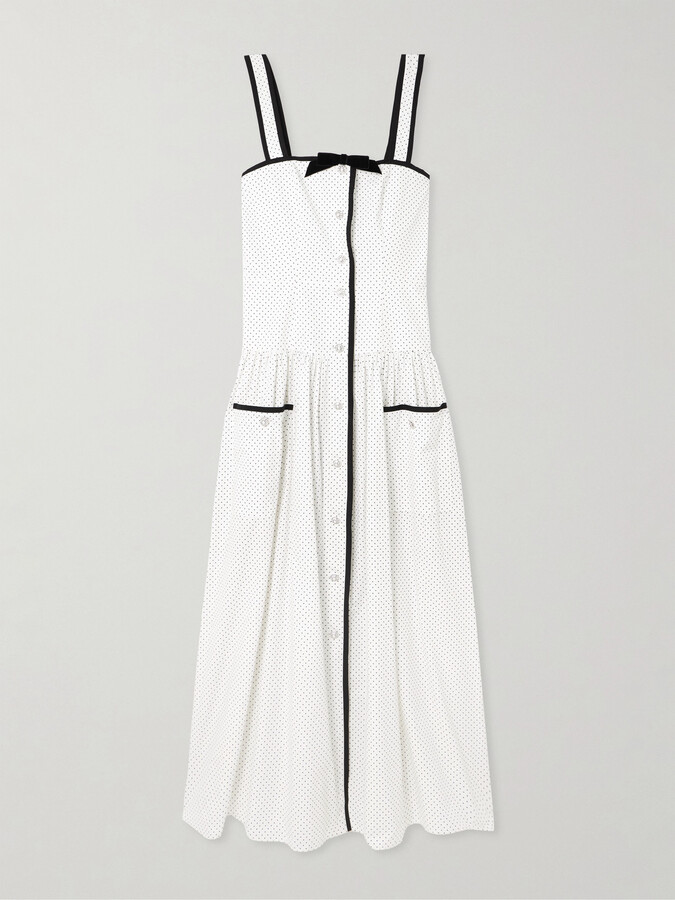 Alessandra Rich - Bow-detailed Velvet-trimmed Gathered Printed Cotton-poplin Midi Dress - White