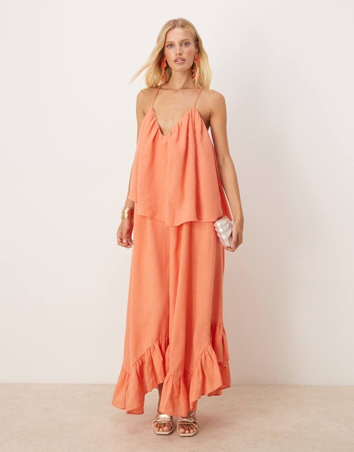 ASOS DESIGN sweetheart double layer volume maxi dress with peplum hem in coral