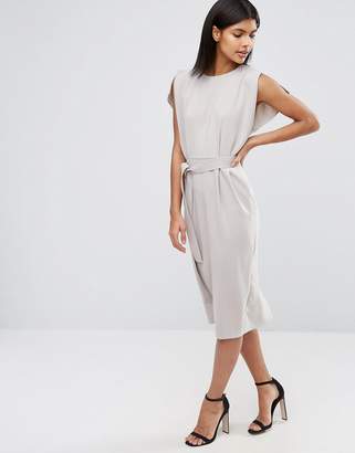 ASOS Belted Midi Dress With Split Cap Sleeve And Pencil Skirt