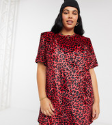 Thumbnail for your product : ASOS Curve DESIGN Curve padded shoulder short sleeve t-shirt mini dress in red velvet leopard print