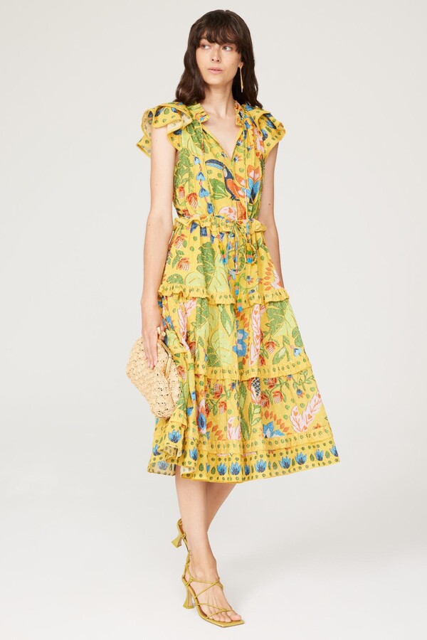Farm Rio Summer Garden Midi Dress Yellow-multicolored-print