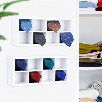 Tie Organizer, 2 Pack Bamboo Tie Rack, 16 Compartments ,Drawer Storage Dividers Or Wall Mounted Storage Rack,White