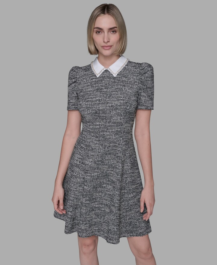Karl Lagerfeld Paris Women's Collared Tweed A-Line Dress - Soft White/Black