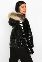 Thumbnail for your product : boohoo Petite High Shine Faux Fur Trim Hooded Coat