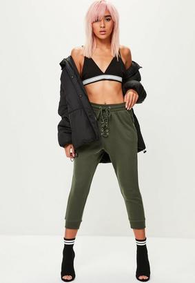 Missguided Khaki Cropped Lace Up Joggers, beige