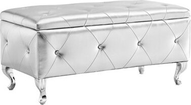 Mercer41 Silver Faux Leather Upholstered Footrest With Storage And Crystal Buttons For Living Room Entryway - Feature Comfortable Seating Luxury American Benc