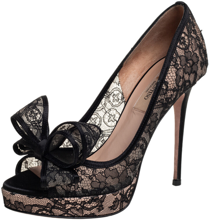Valentino Black Lace Couture Bow Peep Toe Platform Pumps Size 36 - ShopStyle