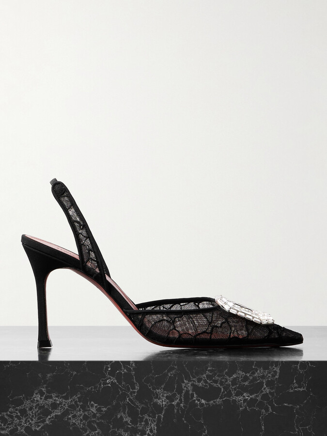 Amina Muaddi Camelia Crystal-embellished Lace Slingback Pumps - Black