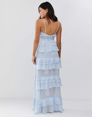 True Decadence premium frill layered cami maxi dress with lace insert in soft blue