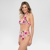 Thumbnail for your product : Tori Praver Seafoam Women's Floral Smocked High Neck Keyhole Bikini Swim Top - Petal Pink/Army Green