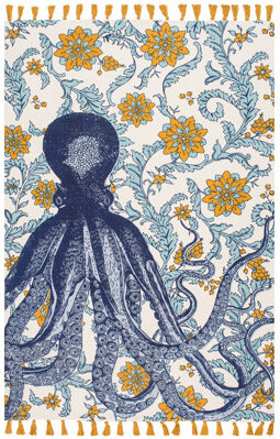Thomas Paul Octopus Handmade Cotton Tasseled Blue/Orange Rug