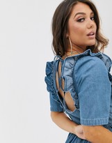 Thumbnail for your product : ASOS DESIGN denim square neck frill smock dress in blue