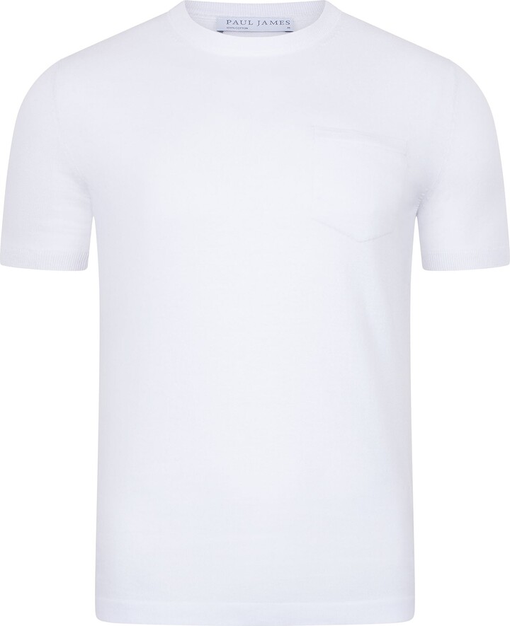 Paul James Knitwear Mens Ultra Fine Cotton Eduardo Knitted Pocket T-Shirt - White