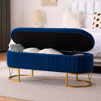 46" Tufted Upholstered Storage Bench – Elegant Bedroom And Entryway Seating With Gold Metal Legs, Ideal For Living And Dining Spaces
