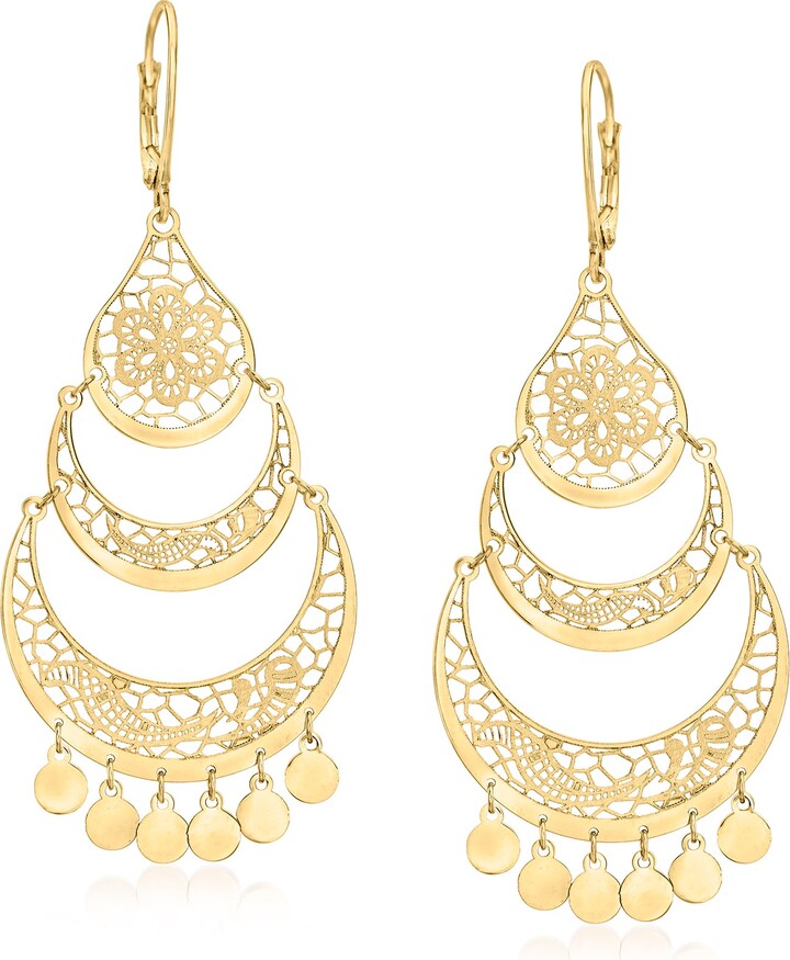 Italian 14kt Yellow Gold Openwork Floral Lace Chandelier Earrings