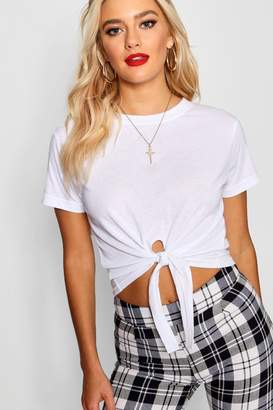 boohoo NEW Womens Tie Front Cotton Tee in Polyester 5% Elastane