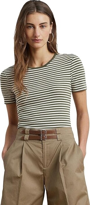 Lauren Ralph Lauren Striped Stretch Cotton Crewneck T-Shirts Women's Clothing Olive Grove/Mascarpone Cream : XL, Cotton/Elastane