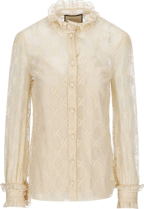 Gucci Frilled High Neck Monogram Lace Blouse - ShopStyle Tops