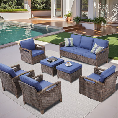 7-Piece Premium Outdoor Furniture Set, Spacious Rattan Sofa, 2 Swivel Rocker Chairs, 2 Patio Chairs & 2 Versatile Ottomans, All-Weather PE Wicker Coll