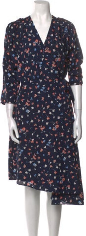 Joie Wrap Dress Blue Floral Print Pleated Accents Three-Quarter Sleeve with V-Neck Sash-Tie Closure at Front Designer