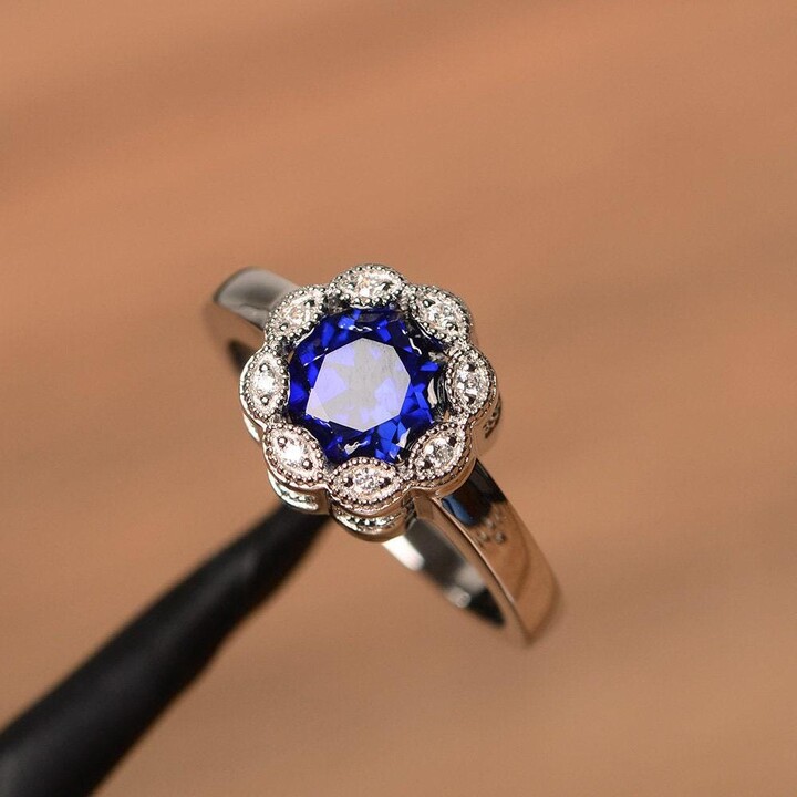 Etsy Lab Blue Sapphire Ring Round Cut September Birthstone Sterling Silver Engagement For Women