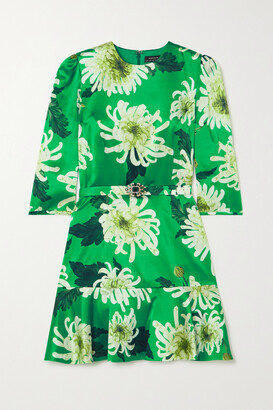 Andrew Gn Embellished Belted Floral-print Silk-satin Mini Dress - Green