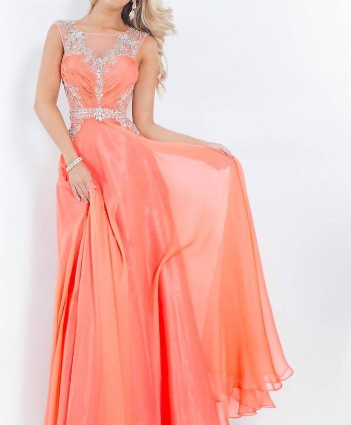 RACHEL ALLAN Beaded Chiffon Prom Gown In Coral