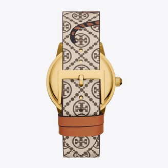 Tory Burch T Monogram Gigi Watch, Printed Leather/Gold-Tone Stainless Steel, 36 MM x 42 MM