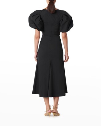 Carolina Herrera Plunging Puff-Sleeve Ruched Midi Dress
