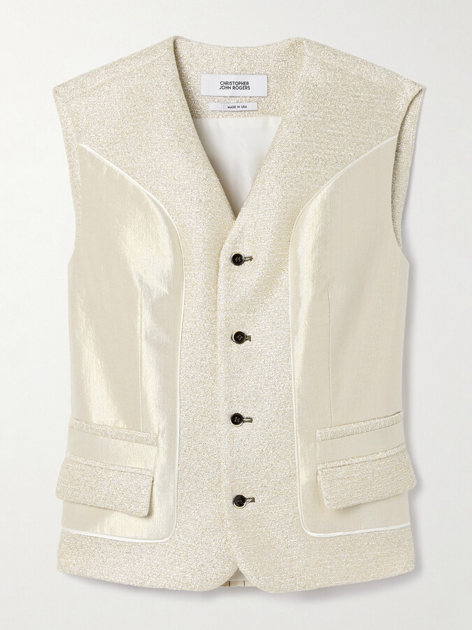 Christopher John Rogers Belted Paneled Metallic Tweed, Lamé And Striped Voile Vest - Neutrals