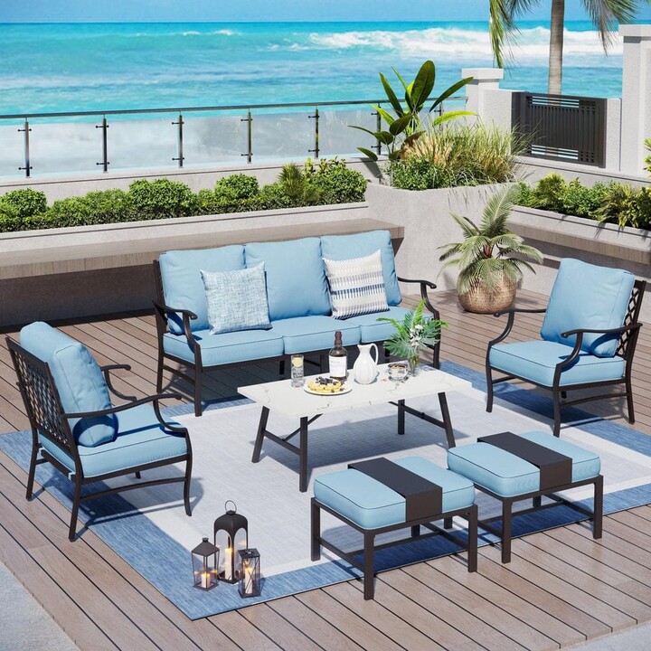 Black Meshed 7-Seat 6-Piece Metal Outdoor Patio Conversation Set with Blue Cushions and Table with Marble Pattern Top
